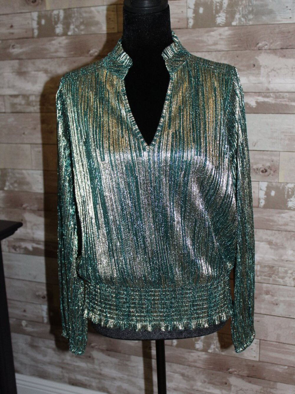 Metallic Gold on Green Dressy Blouse Party Wear Special Occasion